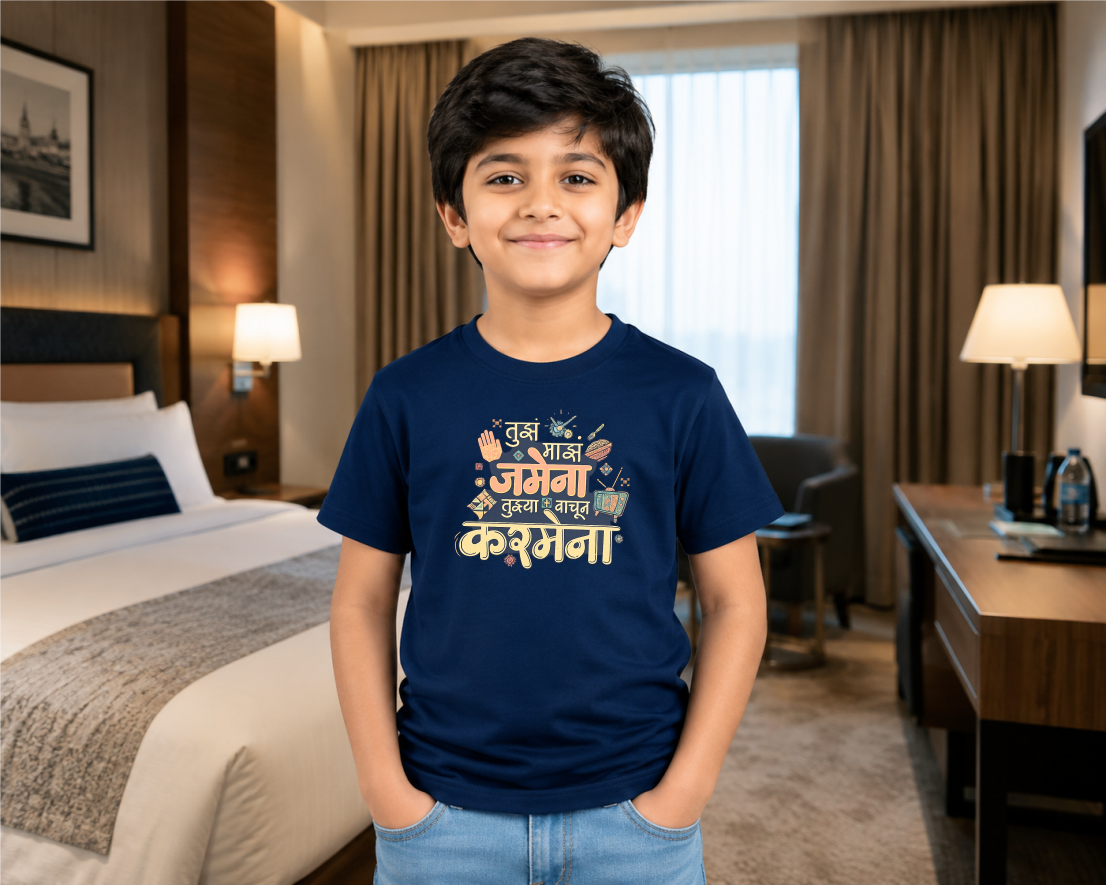 Tuz Maz Jamena Tuzay Vachun Karmena | Kids Marathi T-Shirt | by Firangee